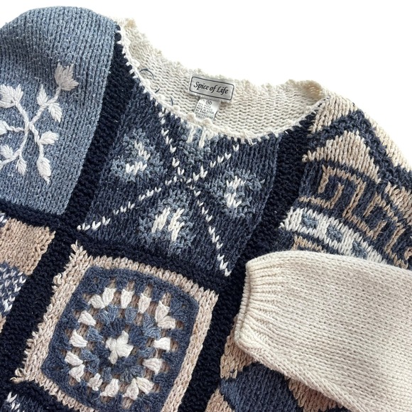 Spice Of Life Sweaters - Spice of Life Vintage Med Blue Beige Patchwork Granny Square Sweater Cottagecore